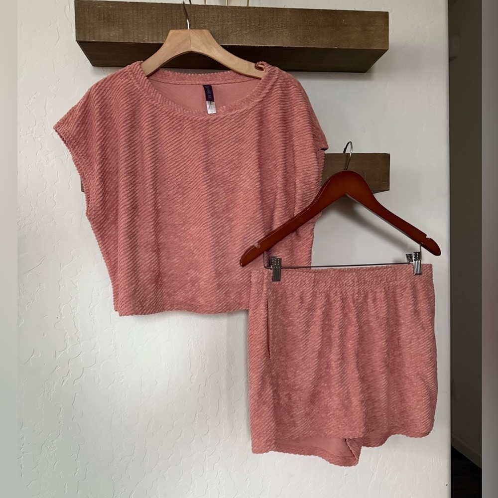 Adore Me|Blush rose Pink Loungewear Set,short sleeve boxy crop top & shorts•••L